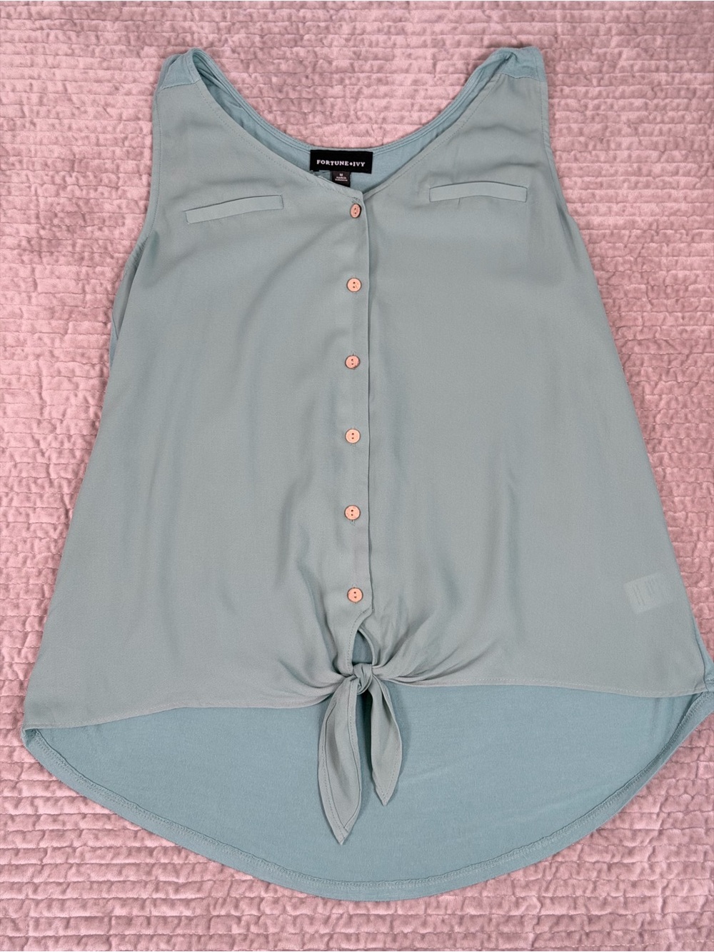 FORTUNE + IVY Sleeveless Tie Front Blouse Size Medium Mixed Material Aqua Blue - Picture 2 of 4